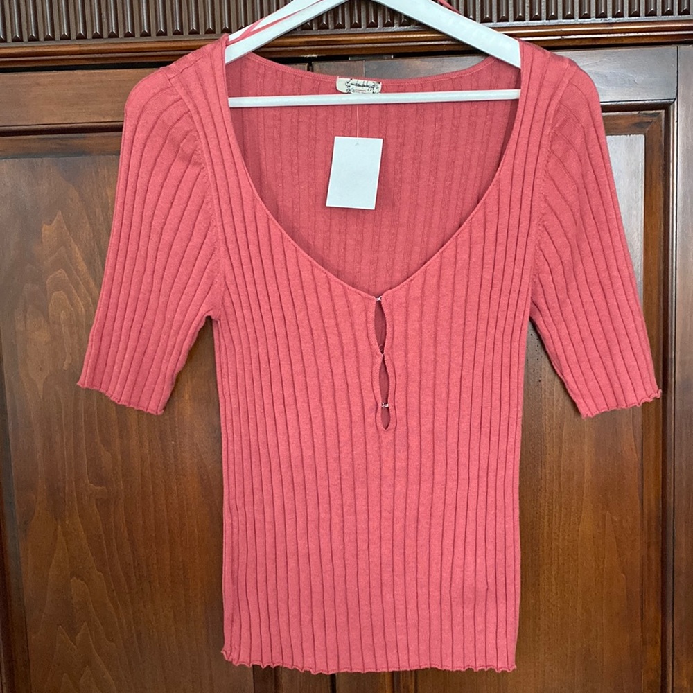 Free People Intimately NWT ribbed short sleeve layering T 3 hook split front